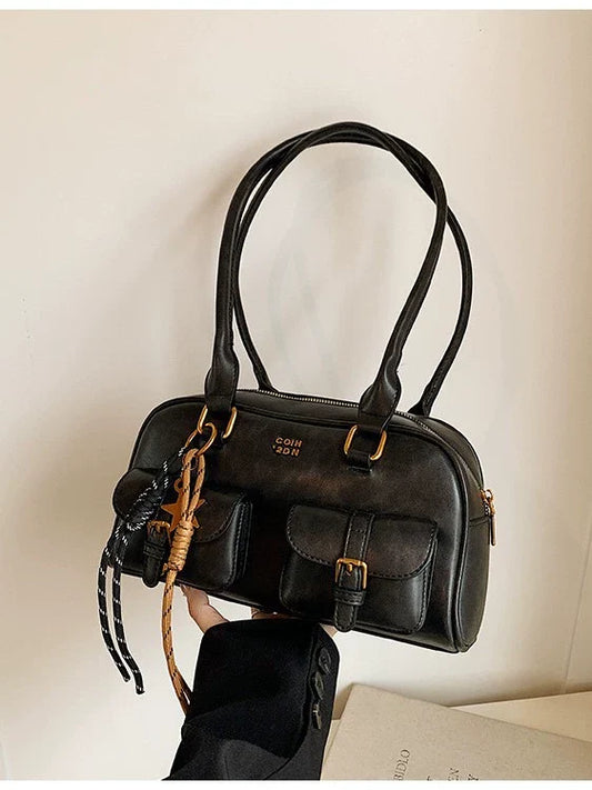 Calça retrô de alta qualidade com vários bolsos e bolsa de grande capacidade para mulheres, estilo novo de 2024, bolsa de boliche, bolsa de ombro único, bolsa de axila para outono e inverno.