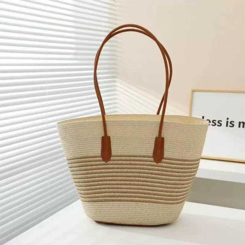 Conjunto de Bolsa de Palha Atualizado Mais Vendido: Conjunto de Bolsa de Palha com Acabamento em Couro de Duas Peças para Mulheres - Bolsa de Ombro, Perfeita para Férias, Praia e Estilo Fashion.