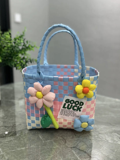 Nova bolsa de presente de cesta de presente de plástico tecido bolsa de presente estilo fresco bolsa de praia bolsa feminina.
