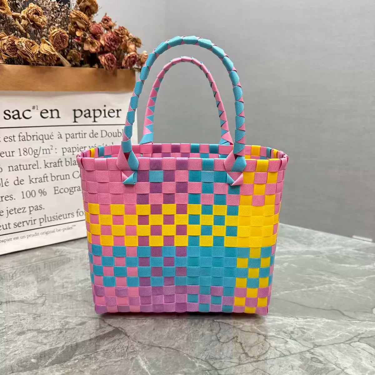 Nova bolsa de presente de cesta de presente de plástico tecido bolsa de presente estilo fresco bolsa de praia bolsa feminina.