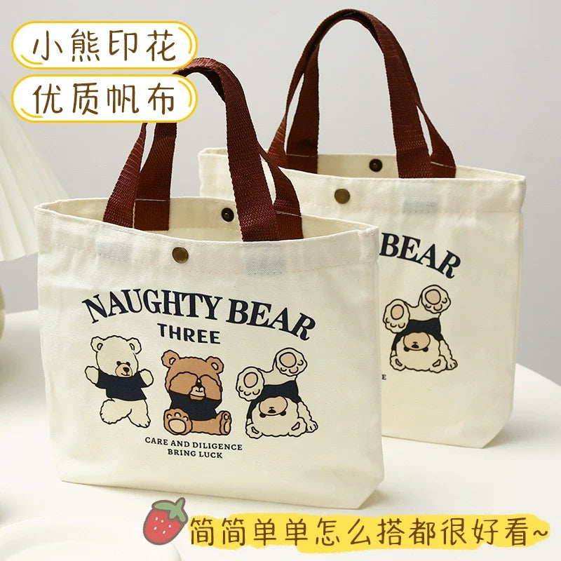 Bolsa Tote Pequena e Versátil Urso de Lona - Lancheira Feminina para Estudantes, Bolsa Minimalista, Bolsa Bento para Trabalhadores de Escritório