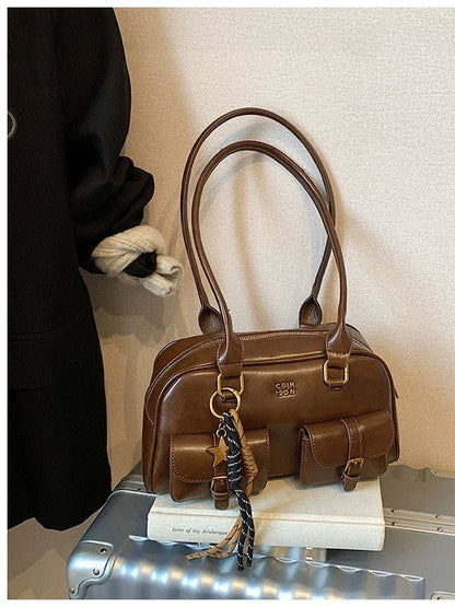 Calça retrô de alta qualidade com vários bolsos e bolsa de grande capacidade para mulheres, estilo novo de 2024, bolsa de boliche, bolsa de ombro único, bolsa de axila para outono e inverno.