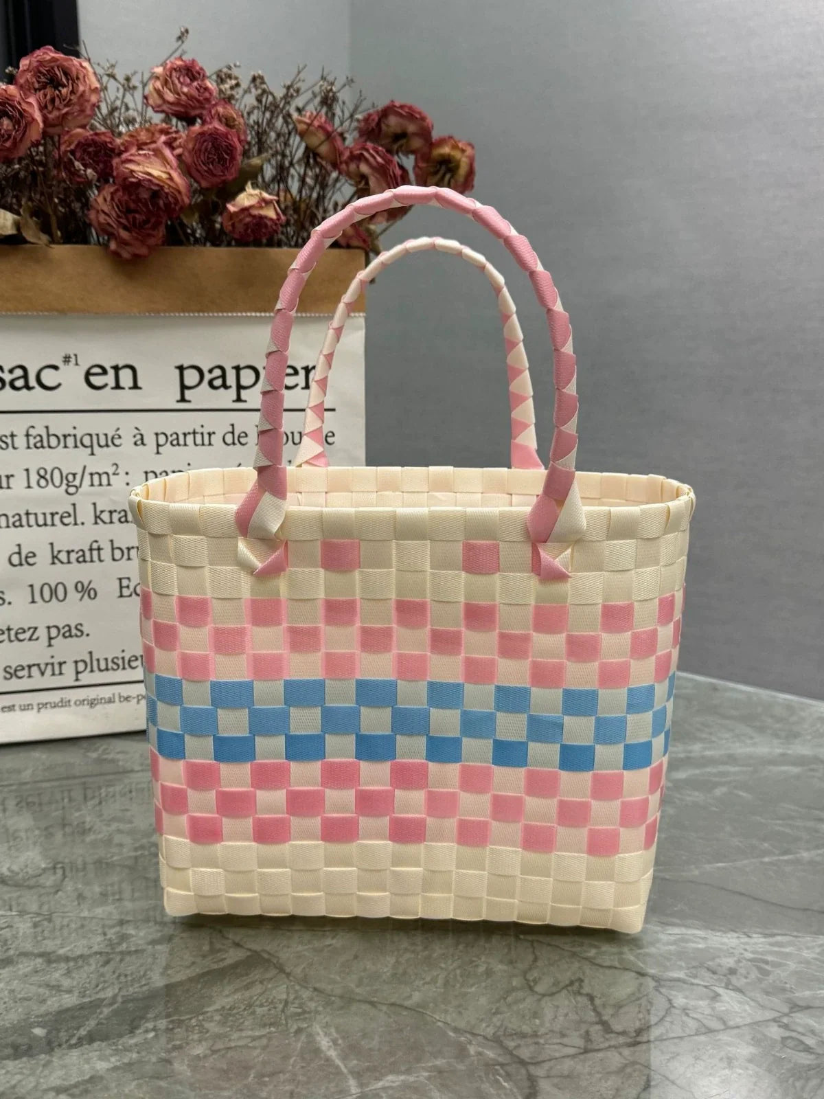 Nova bolsa de presente de cesta de presente de plástico tecido bolsa de presente estilo fresco bolsa de praia bolsa feminina.