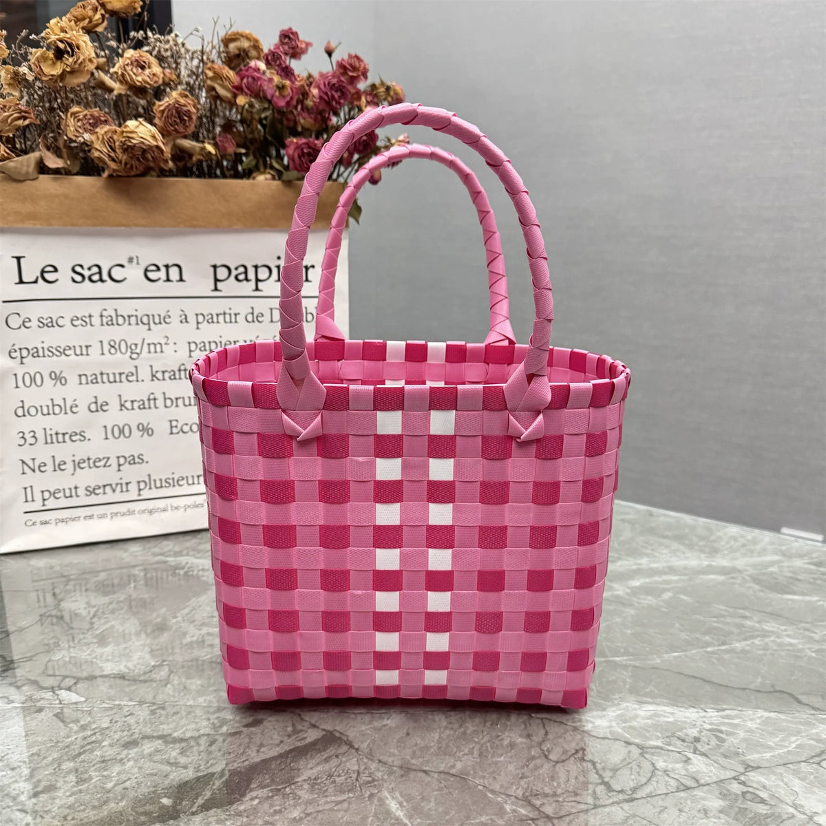 Nova bolsa de presente de cesta de presente de plástico tecido bolsa de presente estilo fresco bolsa de praia bolsa feminina.