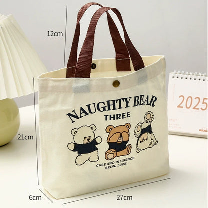 Bolsa Tote Pequena e Versátil Urso de Lona - Lancheira Feminina para Estudantes, Bolsa Minimalista, Bolsa Bento para Trabalhadores de Escritório