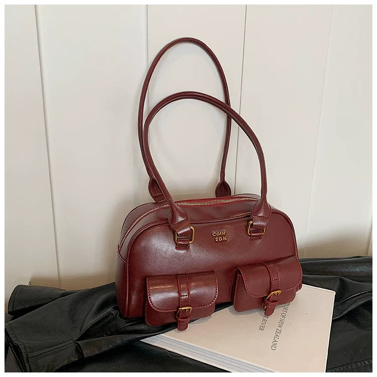 Calça retrô de alta qualidade com vários bolsos e bolsa de grande capacidade para mulheres, estilo novo de 2024, bolsa de boliche, bolsa de ombro único, bolsa de axila para outono e inverno.