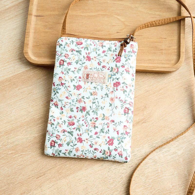 Bolsa Transversal Pequena Floral para Mães e Avós - Tecido de Algodão, Porta-Celular, Porta-Moedas, Design Dobrável