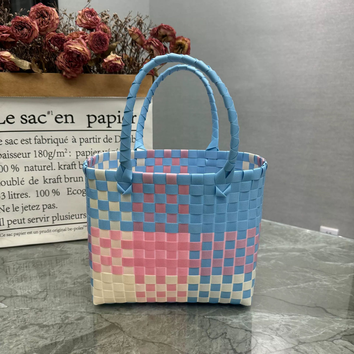 Nova bolsa de presente de cesta de presente de plástico tecido bolsa de presente estilo fresco bolsa de praia bolsa feminina.