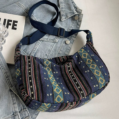Bolsa étnica de grande capacidade, estilo novo e moderno de 2024, bolsa transversal tipo dumpling, estilo retrô versátil, bolsa de ombro feminina.