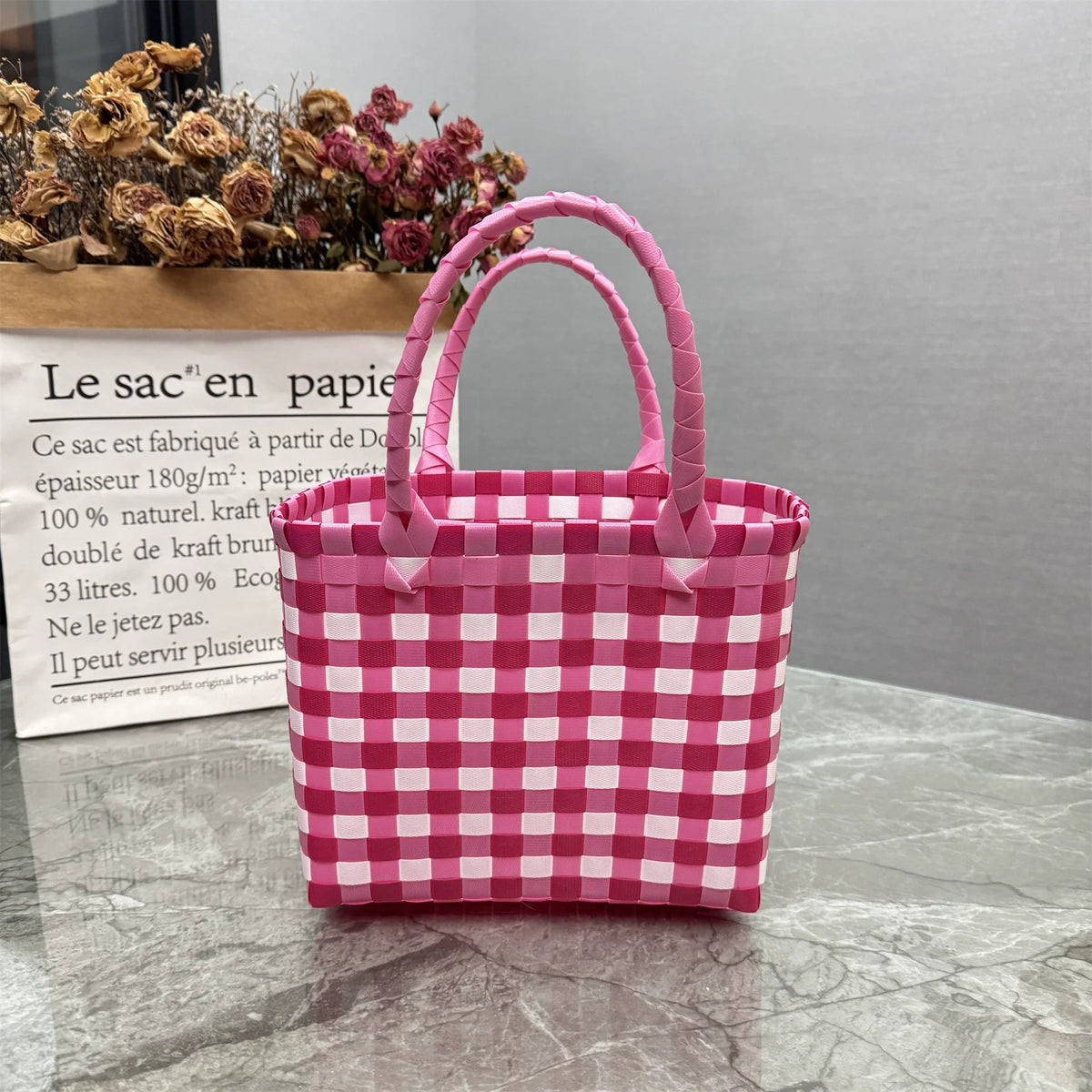 Nova bolsa de presente de cesta de presente de plástico tecido bolsa de presente estilo fresco bolsa de praia bolsa feminina.