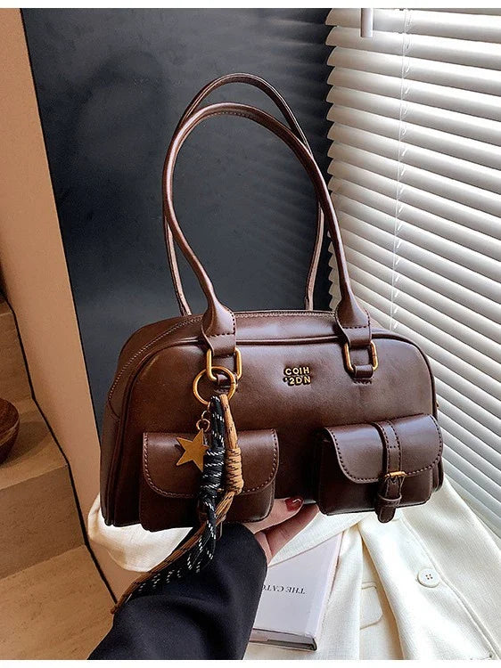 Calça retrô de alta qualidade com vários bolsos e bolsa de grande capacidade para mulheres, estilo novo de 2024, bolsa de boliche, bolsa de ombro único, bolsa de axila para outono e inverno.