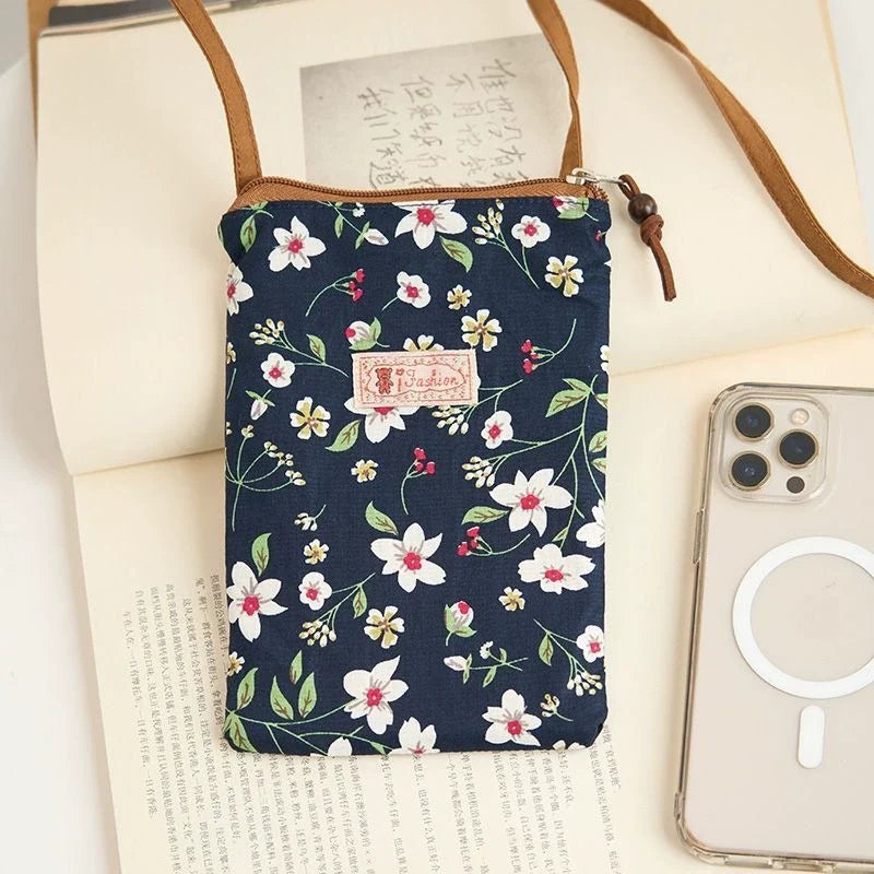 Bolsa Transversal Pequena Floral para Mães e Avós - Tecido de Algodão, Porta-Celular, Porta-Moedas, Design Dobrável