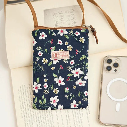 Bolsa Transversal Pequena Floral para Mães e Avós - Tecido de Algodão, Porta-Celular, Porta-Moedas, Design Dobrável