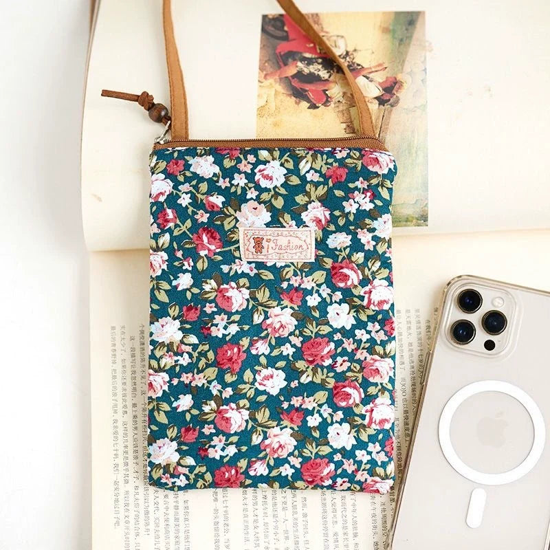Bolsa Transversal Pequena Floral para Mães e Avós - Tecido de Algodão, Porta-Celular, Porta-Moedas, Design Dobrável