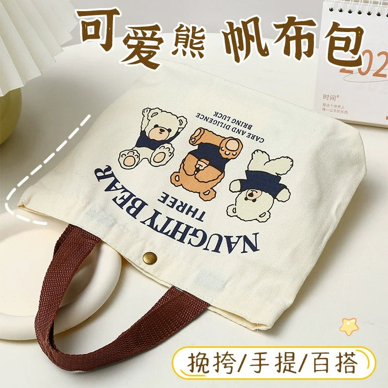 Bolsa Tote Pequena e Versátil Urso de Lona - Lancheira Feminina para Estudantes, Bolsa Minimalista, Bolsa Bento para Trabalhadores de Escritório