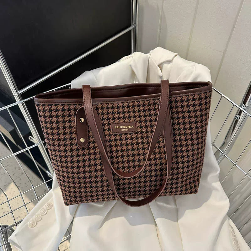 Bolsa Houndstooth 2025 nova retro de alta qualidade com textura, bolsa de ombro para viagem, bolsa grande de capacidade, bolsa tote feminina.