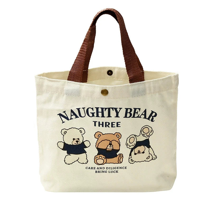 Bolsa Tote Pequena e Versátil Urso de Lona - Lancheira Feminina para Estudantes, Bolsa Minimalista, Bolsa Bento para Trabalhadores de Escritório