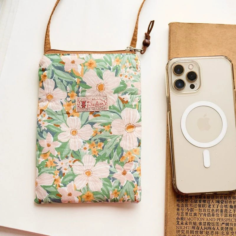 Bolsa Transversal Pequena Floral para Mães e Avós - Tecido de Algodão, Porta-Celular, Porta-Moedas, Design Dobrável