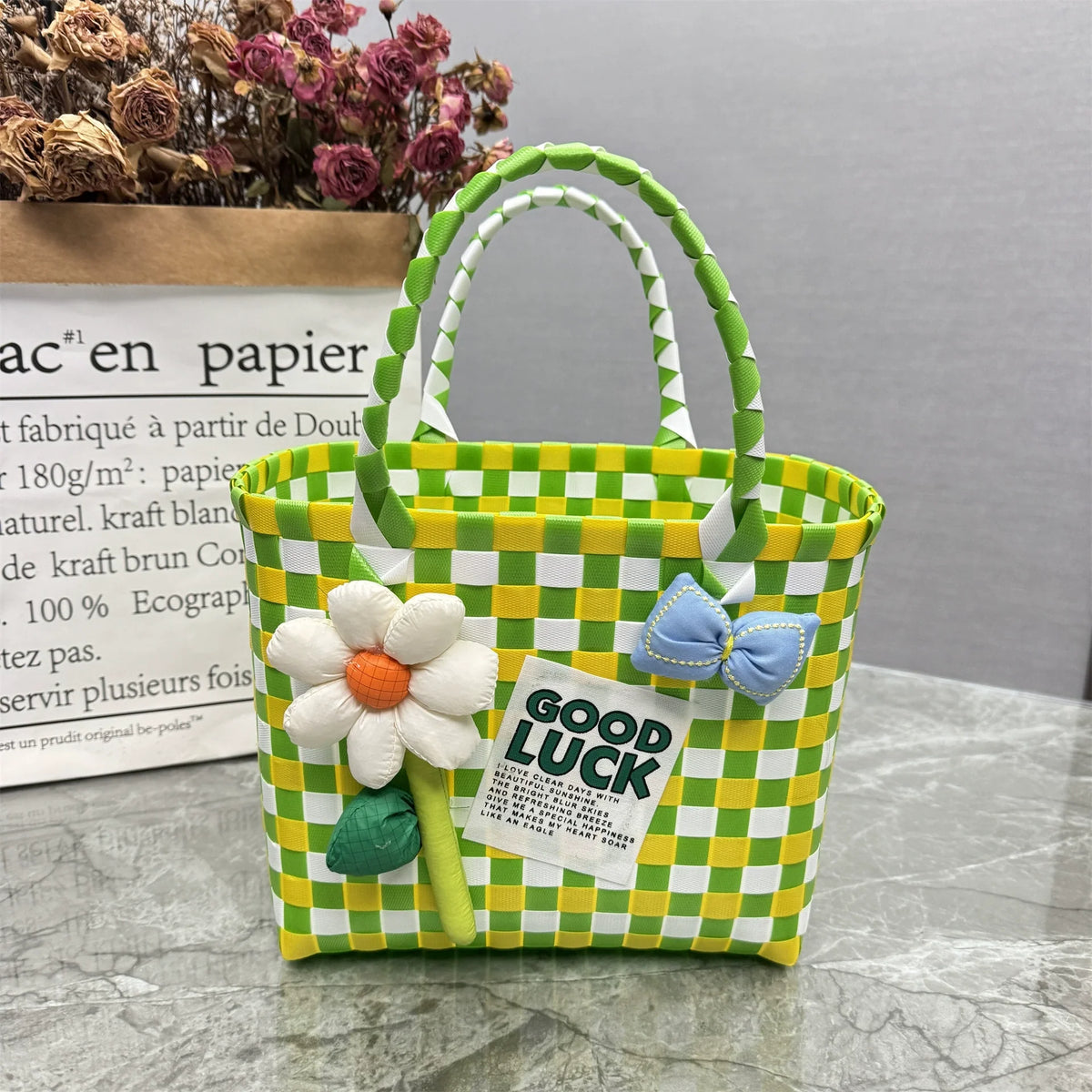 Nova bolsa de presente de cesta de presente de plástico tecido bolsa de presente estilo fresco bolsa de praia bolsa feminina.