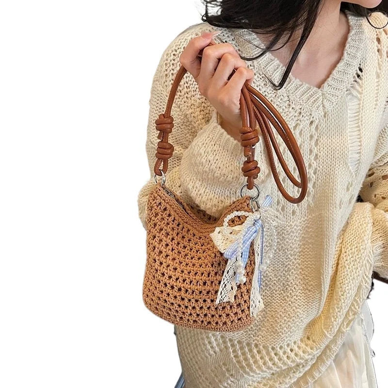 Bolsa feminina artesanal de tecido, novo estilo Verão 2026, Mori Girl Chic, bolsa de ombro fashion, bolsa transversal para férias na praia.