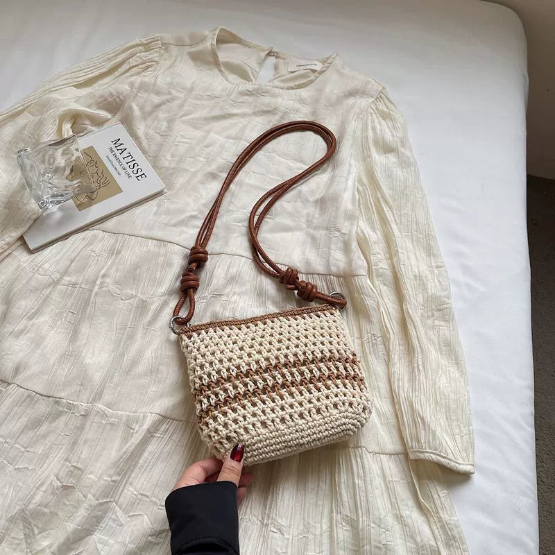 Bolsa feminina artesanal de tecido, novo estilo Verão 2026, Mori Girl Chic, bolsa de ombro fashion, bolsa transversal para férias na praia.