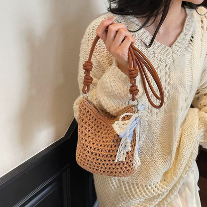 Bolsa feminina artesanal de tecido, novo estilo Verão 2026, Mori Girl Chic, bolsa de ombro fashion, bolsa transversal para férias na praia.