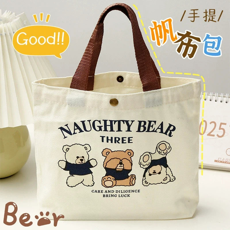 Bolsa Tote Pequena e Versátil Urso de Lona - Lancheira Feminina para Estudantes, Bolsa Minimalista, Bolsa Bento para Trabalhadores de Escritório