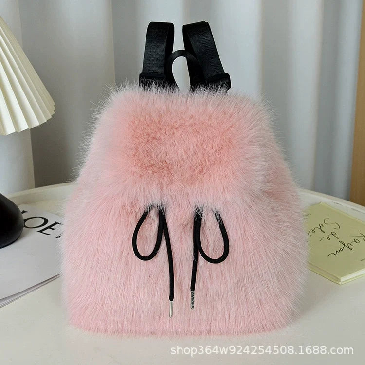 Mochila 2025 Nova Imitação de Pele de Raposa Feminina Estudante Universitária Casual com Cordão, Fecho Magnético e Grande Capacidade para Mulheres