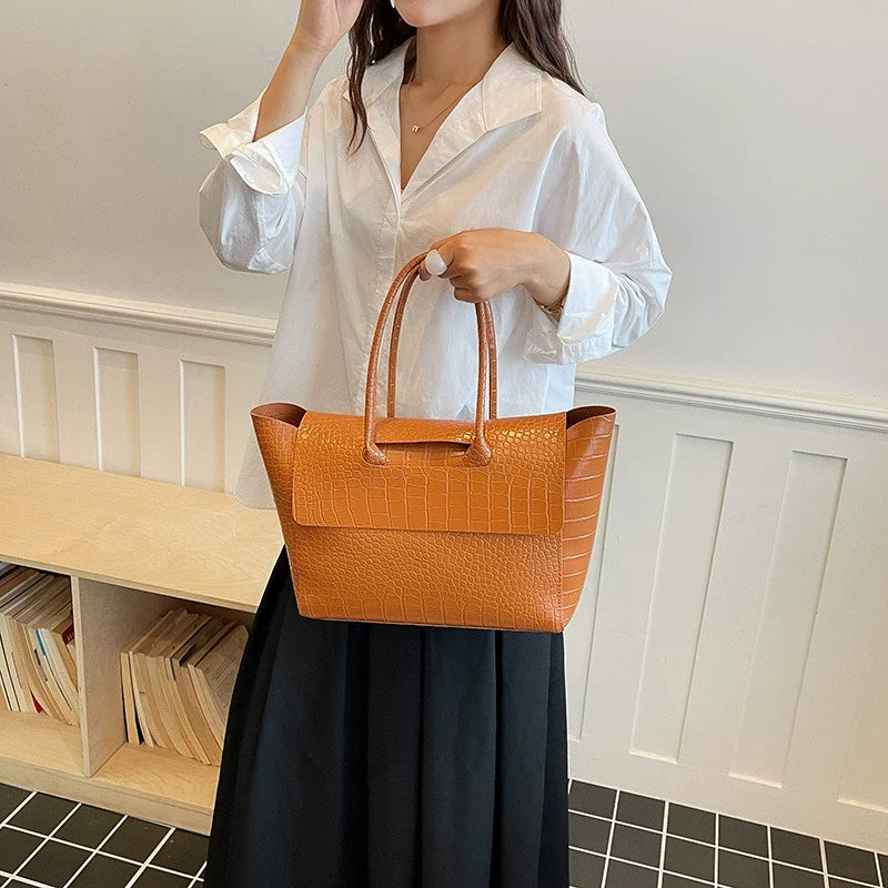 Bolsa Tote Estilo Coreano 2026 com Textura de Crocodilo - Bolsa de Ombro Feminina de Grande Capacidade para o Dia a Dia, Estilosa, Versátil e de Alta Qualidade.