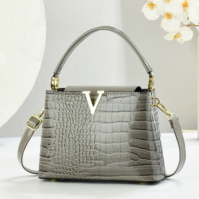 Bolsa Tote Versátil e Estilosa com Textura de Crocodilo - Bolsa de Ombro Casual para o Dia a Dia - Bolsa Transversal Feminina com Design Retrô - Bolsas Transfronteiriças