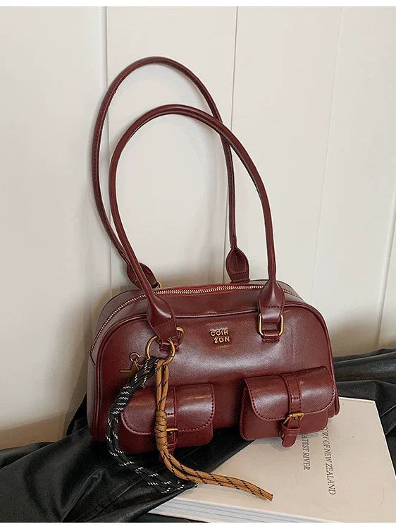Calça retrô de alta qualidade com vários bolsos e bolsa de grande capacidade para mulheres, estilo novo de 2024, bolsa de boliche, bolsa de ombro único, bolsa de axila para outono e inverno.