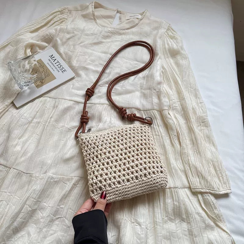 Bolsa feminina artesanal de tecido, novo estilo Verão 2026, Mori Girl Chic, bolsa de ombro fashion, bolsa transversal para férias na praia.