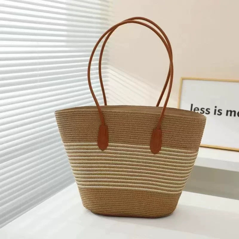 Conjunto de Bolsa de Palha Atualizado Mais Vendido: Conjunto de Bolsa de Palha com Acabamento em Couro de Duas Peças para Mulheres - Bolsa de Ombro, Perfeita para Férias, Praia e Estilo Fashion.