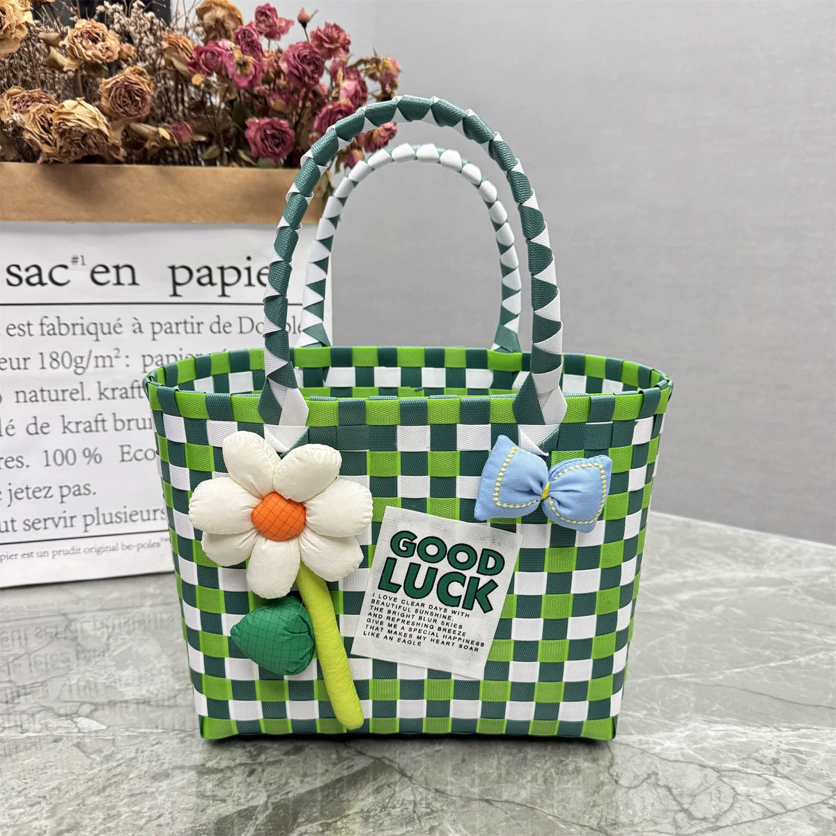 Nova bolsa de presente de cesta de presente de plástico tecido bolsa de presente estilo fresco bolsa de praia bolsa feminina.