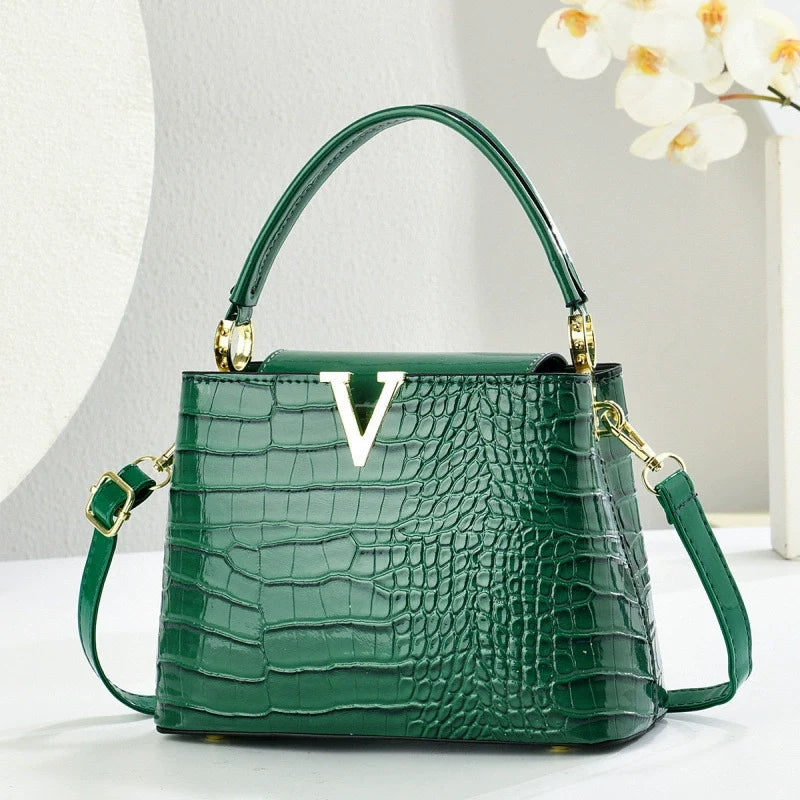 Bolsa Tote Versátil e Estilosa com Textura de Crocodilo - Bolsa de Ombro Casual para o Dia a Dia - Bolsa Transversal Feminina com Design Retrô - Bolsas Transfronteiriças