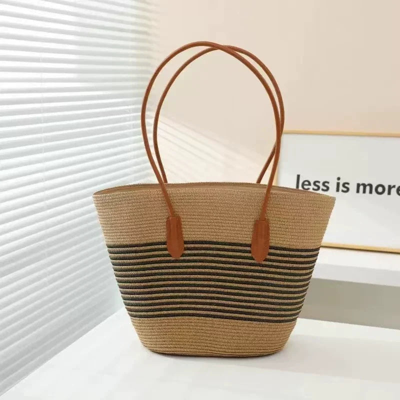 Conjunto de Bolsa de Palha Atualizado Mais Vendido: Conjunto de Bolsa de Palha com Acabamento em Couro de Duas Peças para Mulheres - Bolsa de Ombro, Perfeita para Férias, Praia e Estilo Fashion.