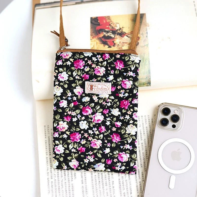 Bolsa Transversal Pequena Floral para Mães e Avós - Tecido de Algodão, Porta-Celular, Porta-Moedas, Design Dobrável
