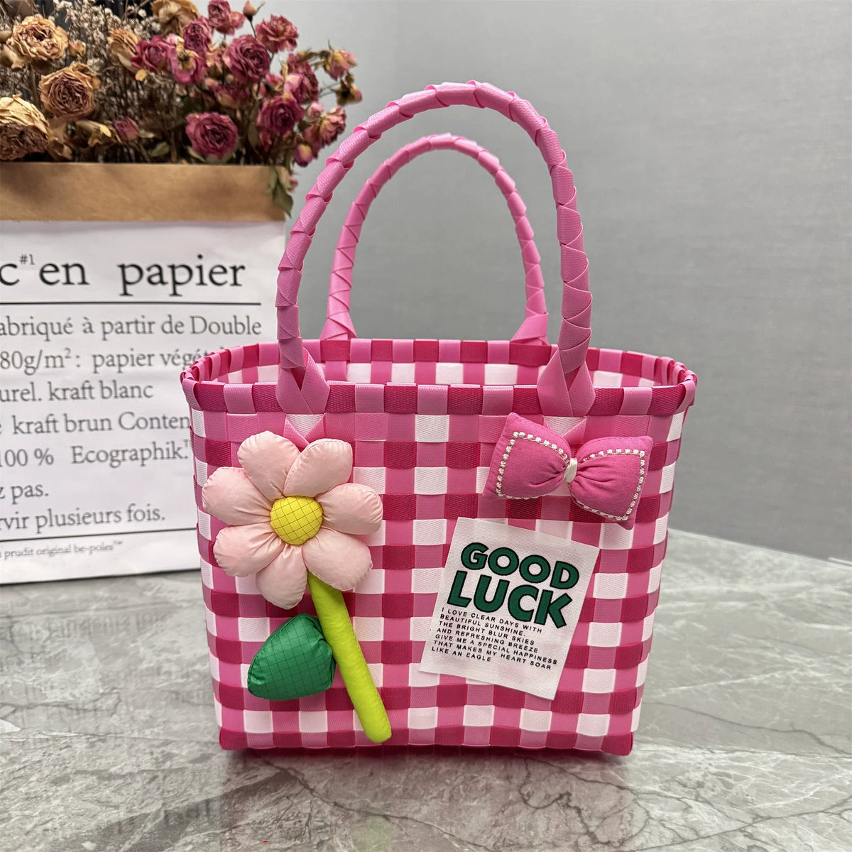 Nova bolsa de presente de cesta de presente de plástico tecido bolsa de presente estilo fresco bolsa de praia bolsa feminina.