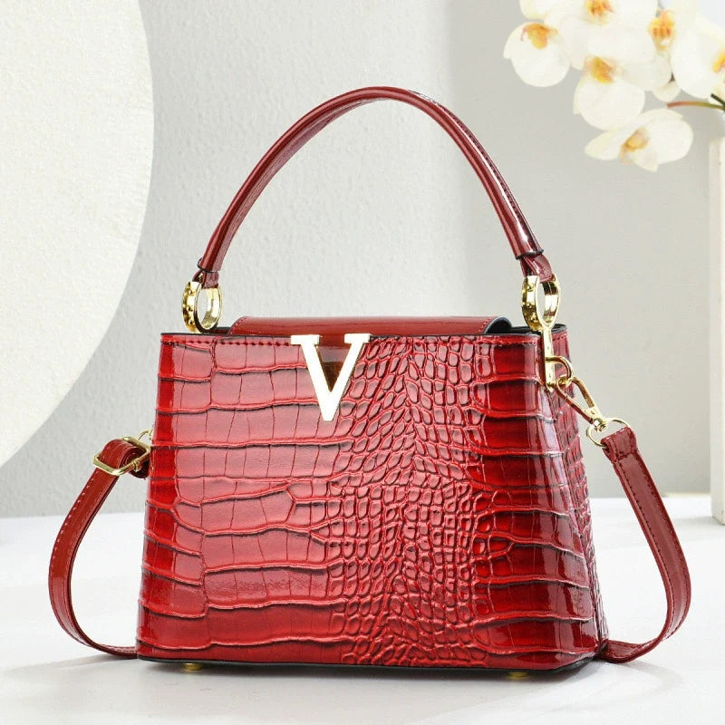 Bolsa Tote Versátil e Estilosa com Textura de Crocodilo - Bolsa de Ombro Casual para o Dia a Dia - Bolsa Transversal Feminina com Design Retrô - Bolsas Transfronteiriças