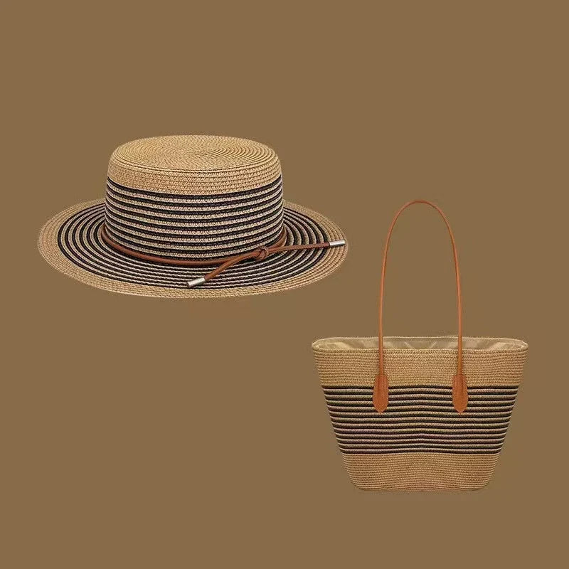 Conjunto de Bolsa de Palha Atualizado Mais Vendido: Conjunto de Bolsa de Palha com Acabamento em Couro de Duas Peças para Mulheres - Bolsa de Ombro, Perfeita para Férias, Praia e Estilo Fashion.