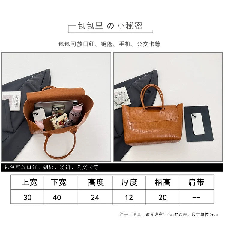 Bolsa Tote Estilo Coreano 2026 com Textura de Crocodilo - Bolsa de Ombro Feminina de Grande Capacidade para o Dia a Dia, Estilosa, Versátil e de Alta Qualidade.
