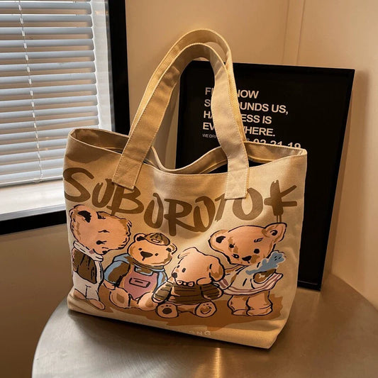 Bolsa Feminina Casual de Grande Capacidade, Moda Verão, Estampa Divertida de Desenho Animado em Lona, Bolsa Tote de Ombro para o Dia a Dia, Bolsa Maternidade.