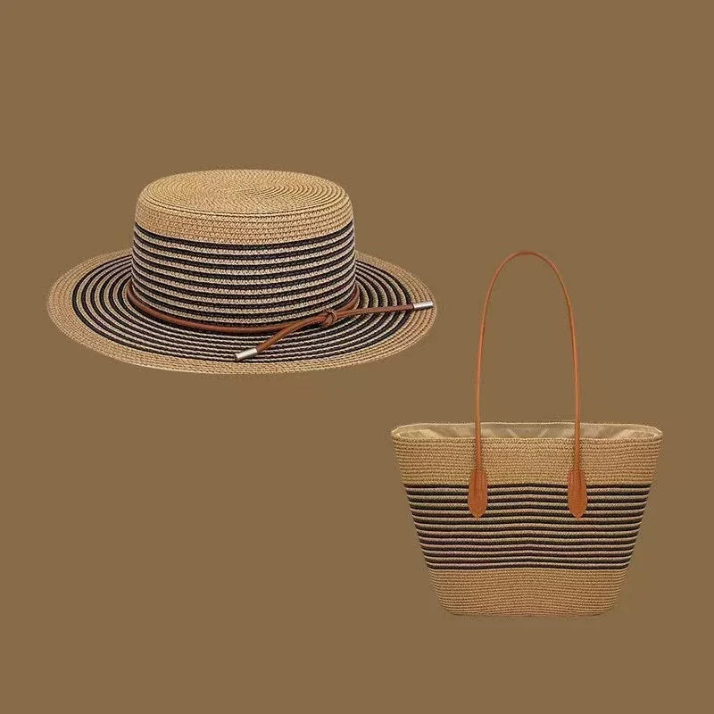 Conjunto de Bolsa de Palha Atualizado Mais Vendido: Conjunto de Bolsa de Palha com Acabamento em Couro de Duas Peças para Mulheres - Bolsa de Ombro, Perfeita para Férias, Praia e Estilo Fashion.