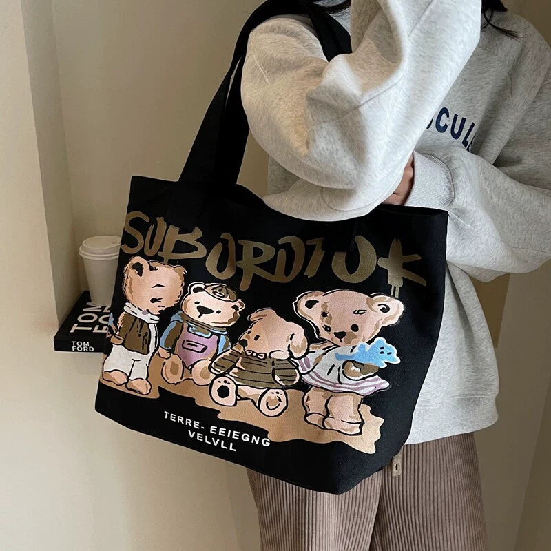 Bolsa Feminina Casual de Grande Capacidade, Moda Verão, Estampa Divertida de Desenho Animado em Lona, Bolsa Tote de Ombro para o Dia a Dia, Bolsa Maternidade.