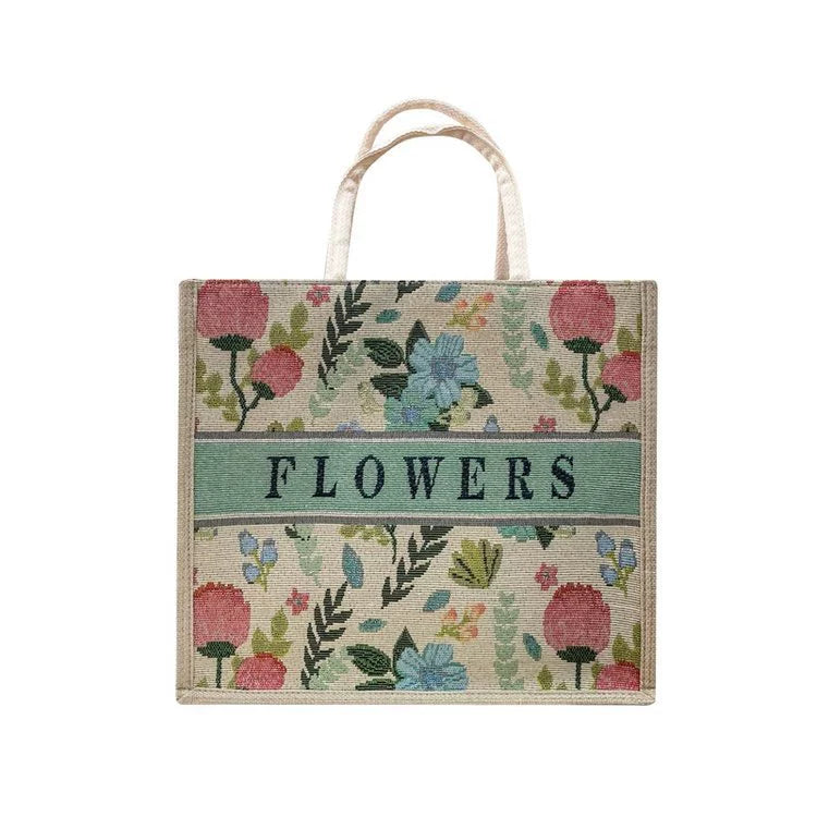 Nova bolsa de linho com estampa de desenho animado, grande capacidade, bolsa de compras com bordado jacquard para mulheres, bolsa de compras de linho simples e elegante.