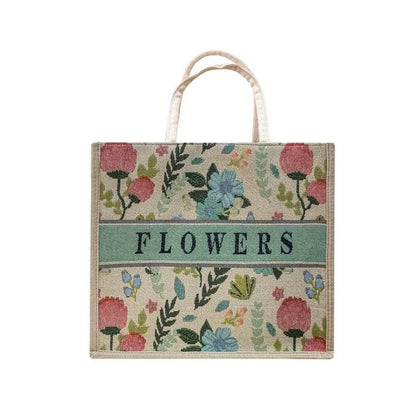 Nova bolsa de linho com estampa de desenho animado, grande capacidade, bolsa de compras com bordado jacquard para mulheres, bolsa de compras de linho simples e elegante.