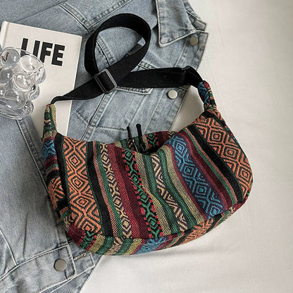 Bolsa étnica de grande capacidade, estilo novo e moderno de 2024, bolsa transversal tipo dumpling, estilo retrô versátil, bolsa de ombro feminina.