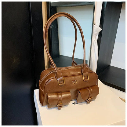 Calça retrô de alta qualidade com vários bolsos e bolsa de grande capacidade para mulheres, estilo novo de 2024, bolsa de boliche, bolsa de ombro único, bolsa de axila para outono e inverno.