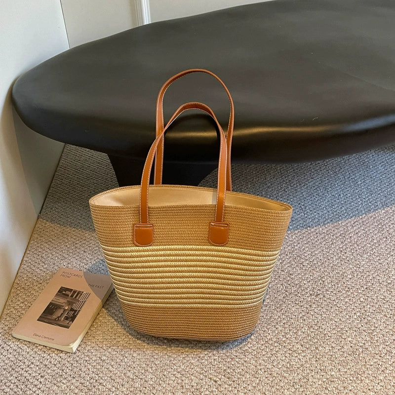 Bolsa de palha para mulheres, bolsa de verão, bolsa tote, bolsa tipo saco de grande capacidade, bolsa de ombro de palha, bolsa de vime, transfronteiriça.