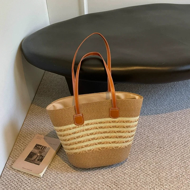 Bolsa de palha para mulheres, bolsa de verão, bolsa tote, bolsa tipo saco de grande capacidade, bolsa de ombro de palha, bolsa de vime, transfronteiriça.